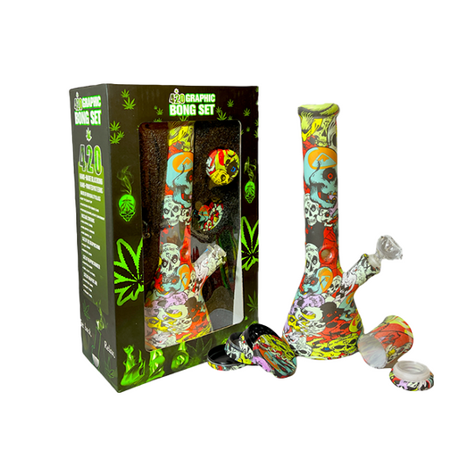 420 Graphic Glass Bong Set 14"+ 50mm 4Part Grinder + Stash Jar- OSH114 - GS1194 | Generic | Hall of Vape |  | Smoking Products