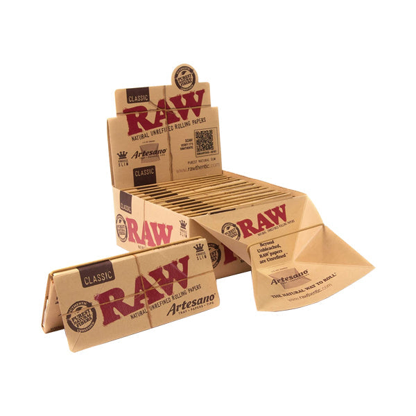 15 Raw Classic Artesano King Size Slim Rolling Papers + Tray & Tips | Raw | Hall of Vape |  | Smoking Products